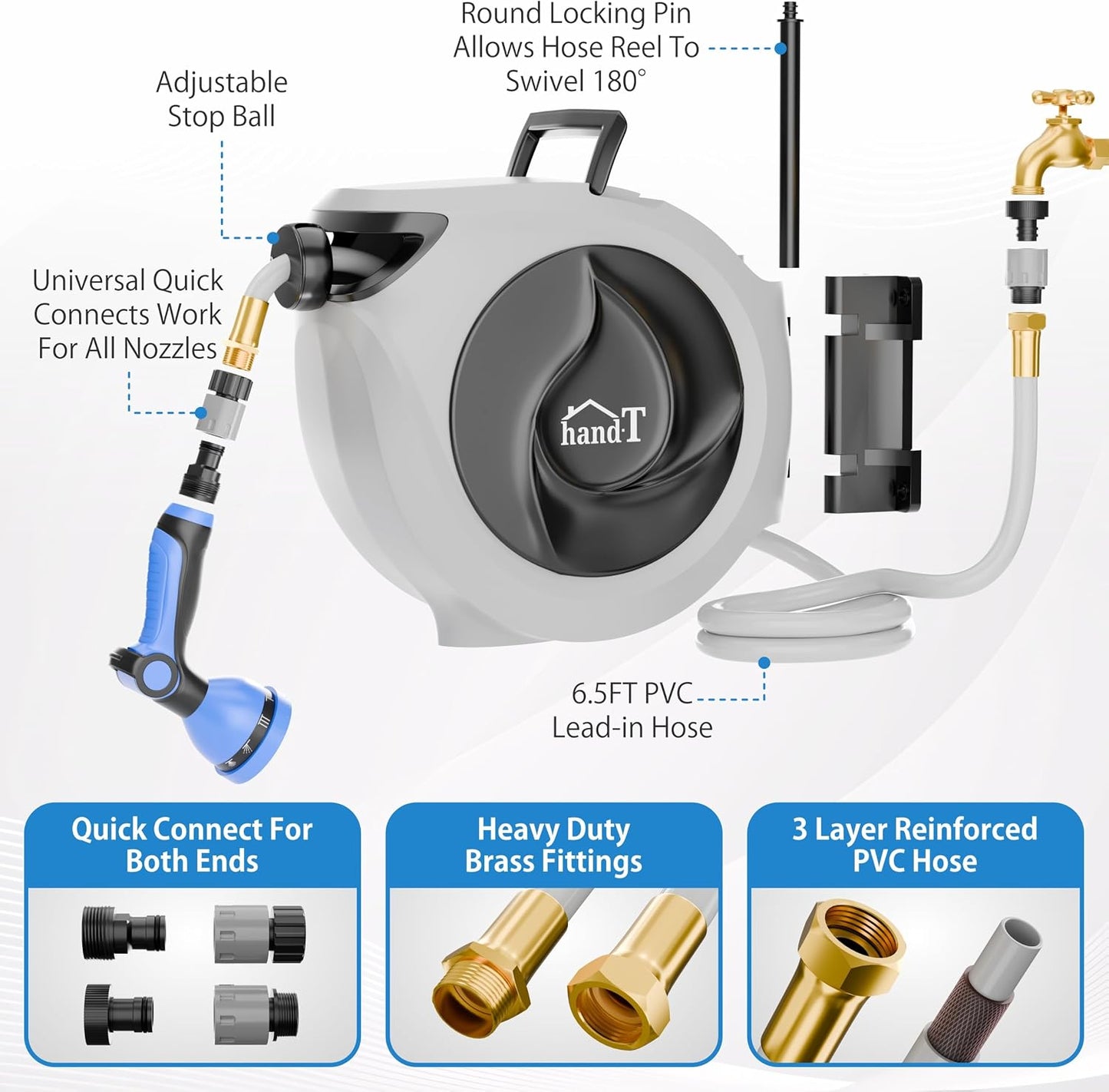 USA Based Retractable Garden Hose Reel, 1/2 in x 50 ft Quick Connect 10-Pattern Sprayer, Wall Mounted Auto Self Retracting Water Hose Reels, UV Resistant Automatic Rewind 180° Mount | Gray