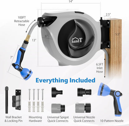 USA Based Retractable Garden Hose Reel, 1/2 in x 50 ft Quick Connect 10-Pattern Sprayer, Wall Mounted Auto Self Retracting Water Hose Reels, UV Resistant Automatic Rewind 180° Mount | Gray