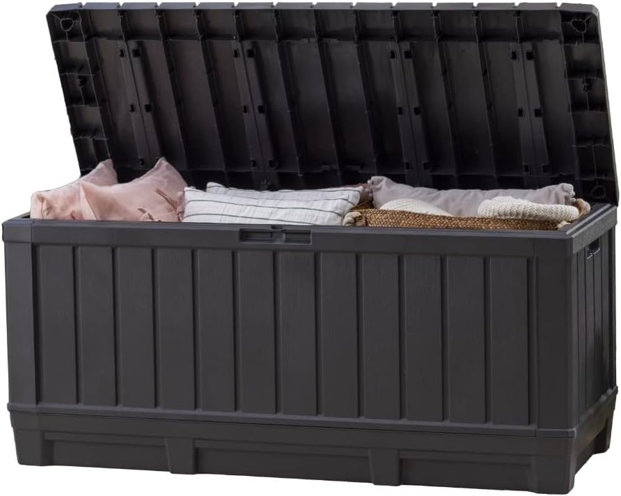 Keter Kentwood 92 Gallon Resin Deck Box-Organization and Storage for Patio Furniture Outdoor Cushions, Throw Pillows, Garden Tools and Pool Floats, Brown