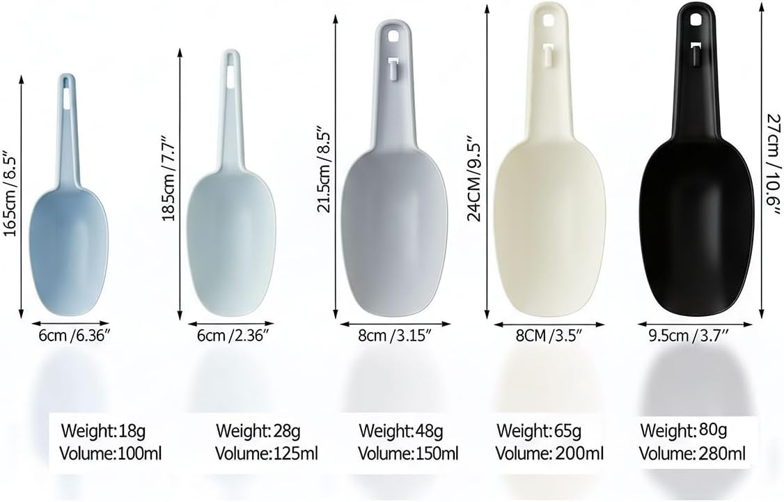 Flour Scoop Set of 3 for Canisters, Ice, Popcorn, Pet Food, Dry Goods, Coffee Beans, Candy - Plastic Scoops 1.7/3.4/5.1 oz