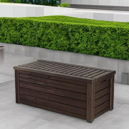 Keter 150 Gallon Resin Large Deck Box Organization and Storage Box for Patio, Outdoor Cushions, Garden Tools, Brown