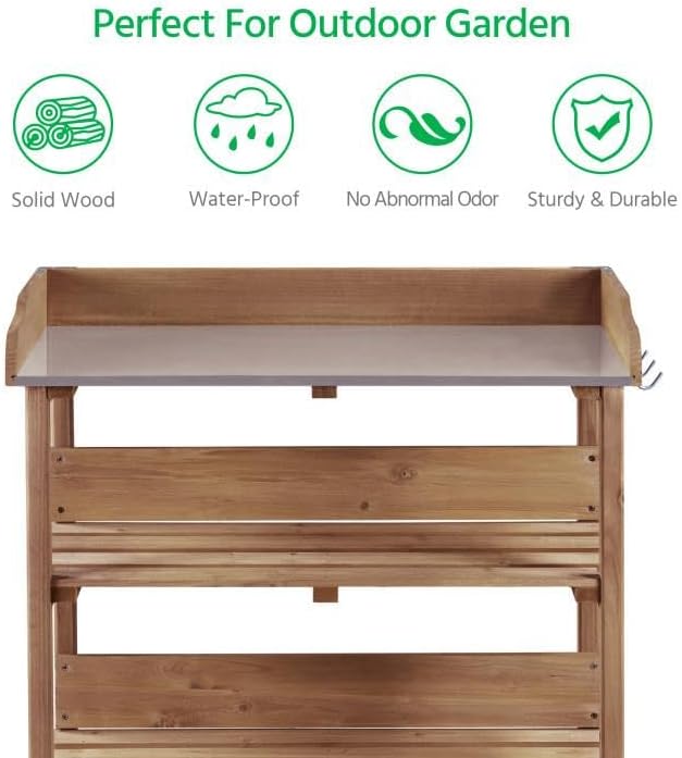 Topeakmart Potting Bench Table w/Metal Tabletop for Garden, Fir Wood Workstation w/3 Tier Shelves, Outdoor Work Bench w/Hook Natural Wood