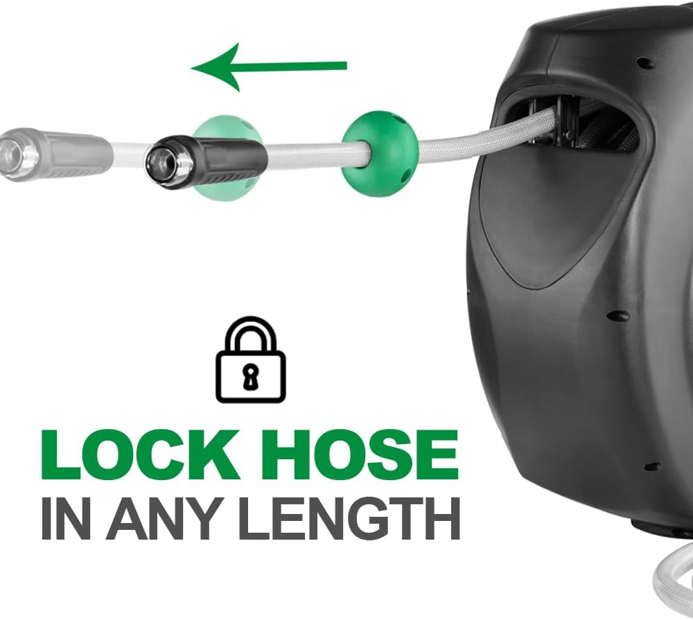 Retractable Garden Hose Reel, 120Ft x 1/2" Durable Wall Mounted Water Hose Reel with 180¡ãSwivel Bracket, 9 Pattern Sprayer, 6Ft leader hose, Smooth Automatic Rewind, Any Length Lock.