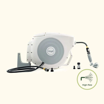 Vego Garden Hose Reel Retractable Hi-Flow Wall Mounted Hose Reel Automatic Rewind, Any Length Lock with 9 Patterns Sprayer Nozzle, Quick Connector and Adjustable shot Nozzle (Seaweed Green, 100ft)