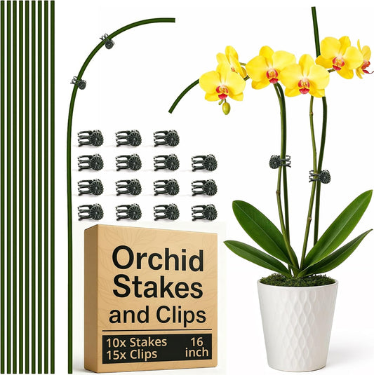 10pcs 16" Bendable Plant Support Stakes & 15 Clips- Orchid Stakes and Clips