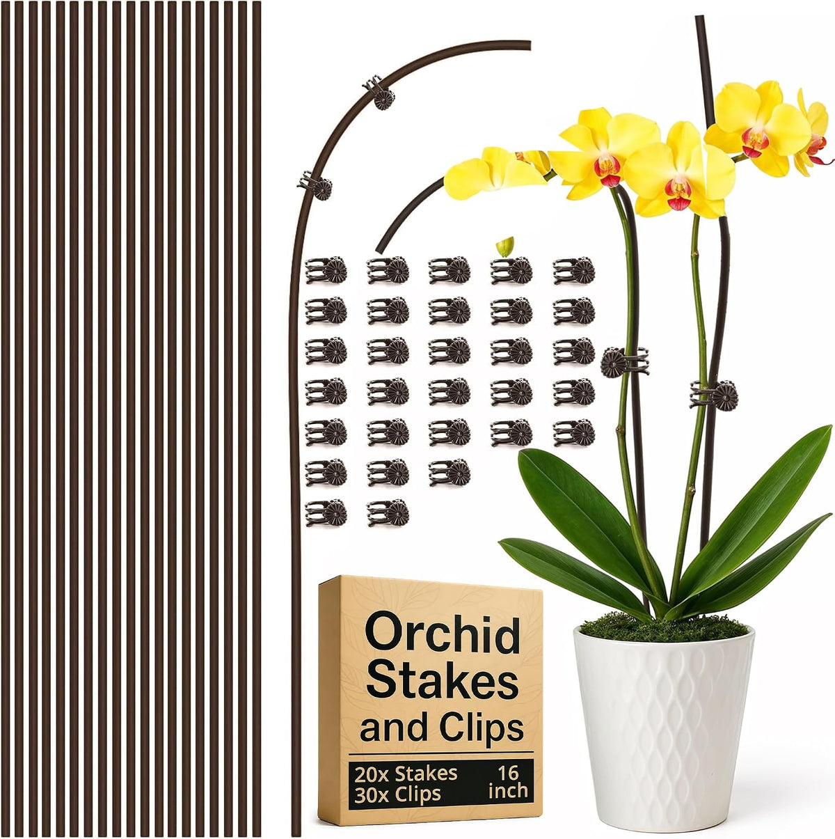10pcs 16" Bendable Plant Support Stakes & 15 Clips- Orchid Stakes and Clips