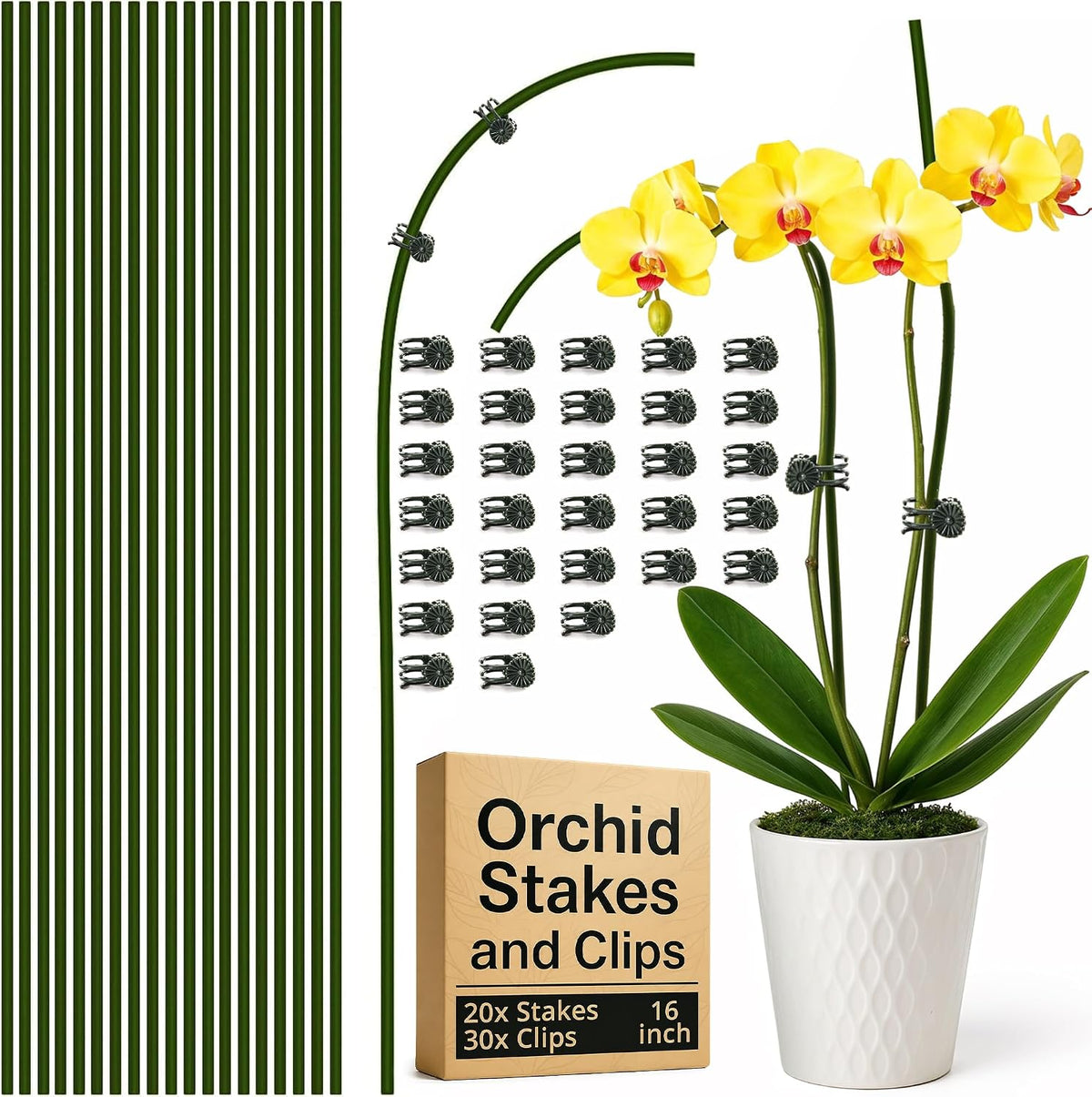 10pcs 16" Bendable Plant Support Stakes & 15 Clips- Orchid Stakes and Clips