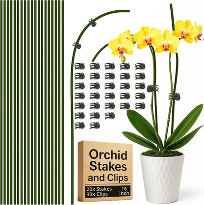 10pcs 16" Bendable Plant Support Stakes & 15 Clips- Orchid Stakes and Clips