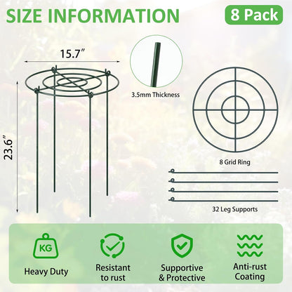 8 Pack Large Peony Cages and Supports 23.6"h x 15.7"d Heavy Duty Plant Support for Outdoor Plants, Meatl Peony Rings, Flower Support Stakes, Garden Stakes for Rose Tomato Hydrangea Strawberry