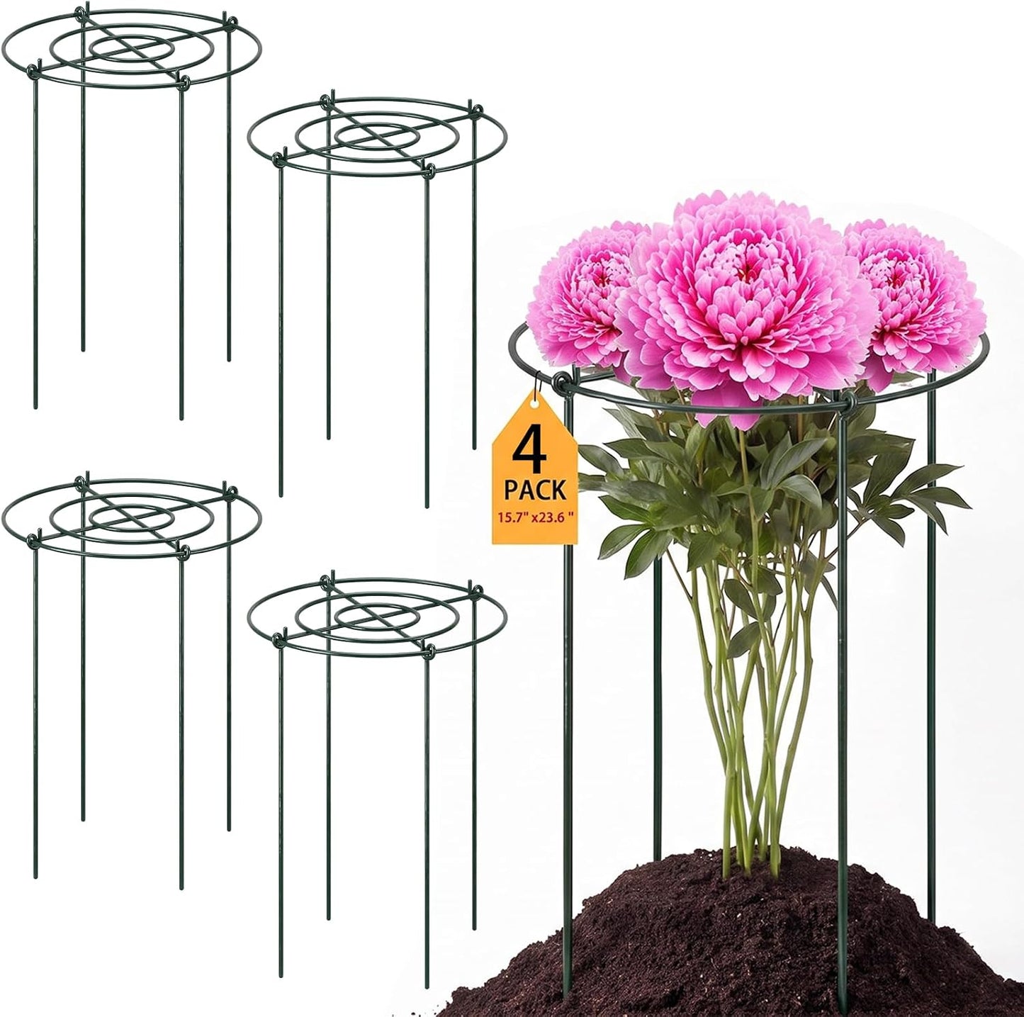 8 Pack Large Peony Cages and Supports 23.6"h x 15.7"d Heavy Duty Plant Support for Outdoor Plants, Meatl Peony Rings, Flower Support Stakes, Garden Stakes for Rose Tomato Hydrangea Strawberry