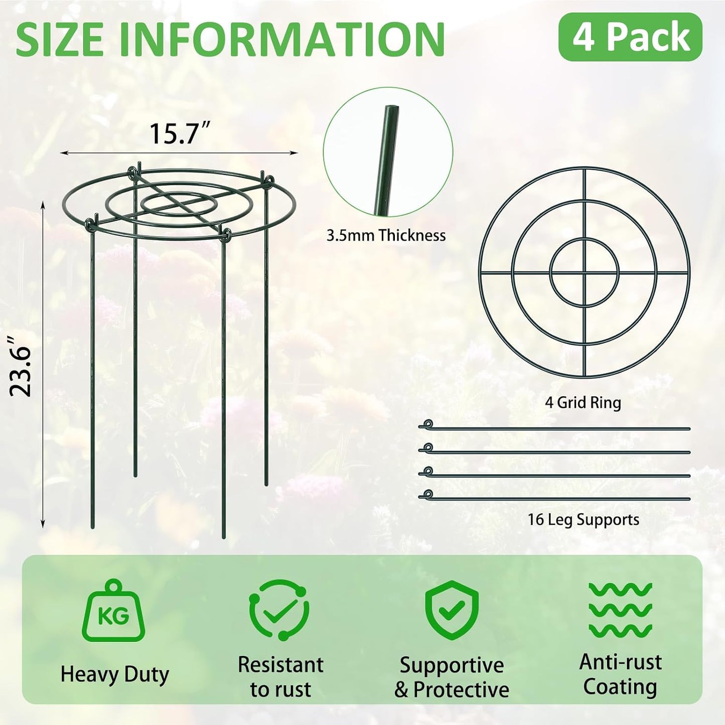 8 Pack Large Peony Cages and Supports 23.6"h x 15.7"d Heavy Duty Plant Support for Outdoor Plants, Meatl Peony Rings, Flower Support Stakes, Garden Stakes for Rose Tomato Hydrangea Strawberry