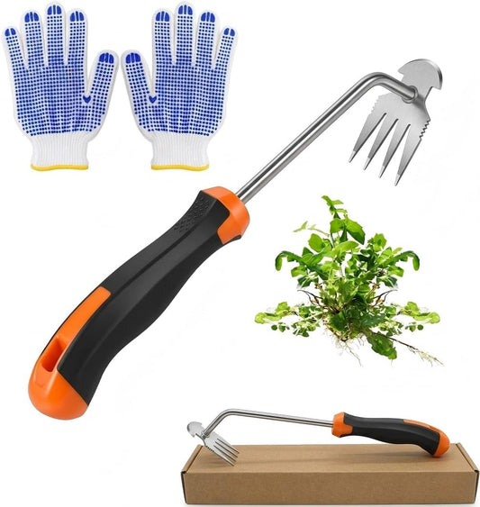 Weed Puller Tool, 4-Tooth Head and Gloves for Root Removal