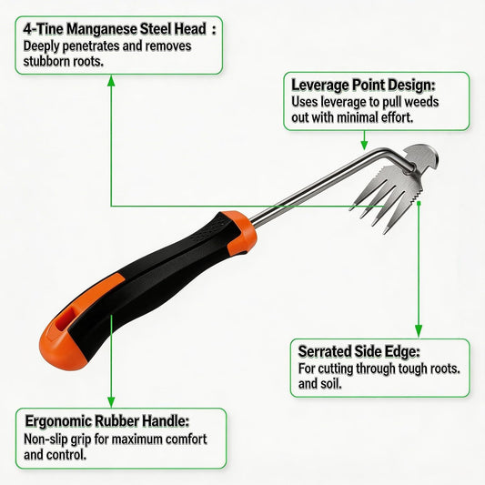 Weed Puller Tool, 4-Tooth Head and Gloves for Root Removal