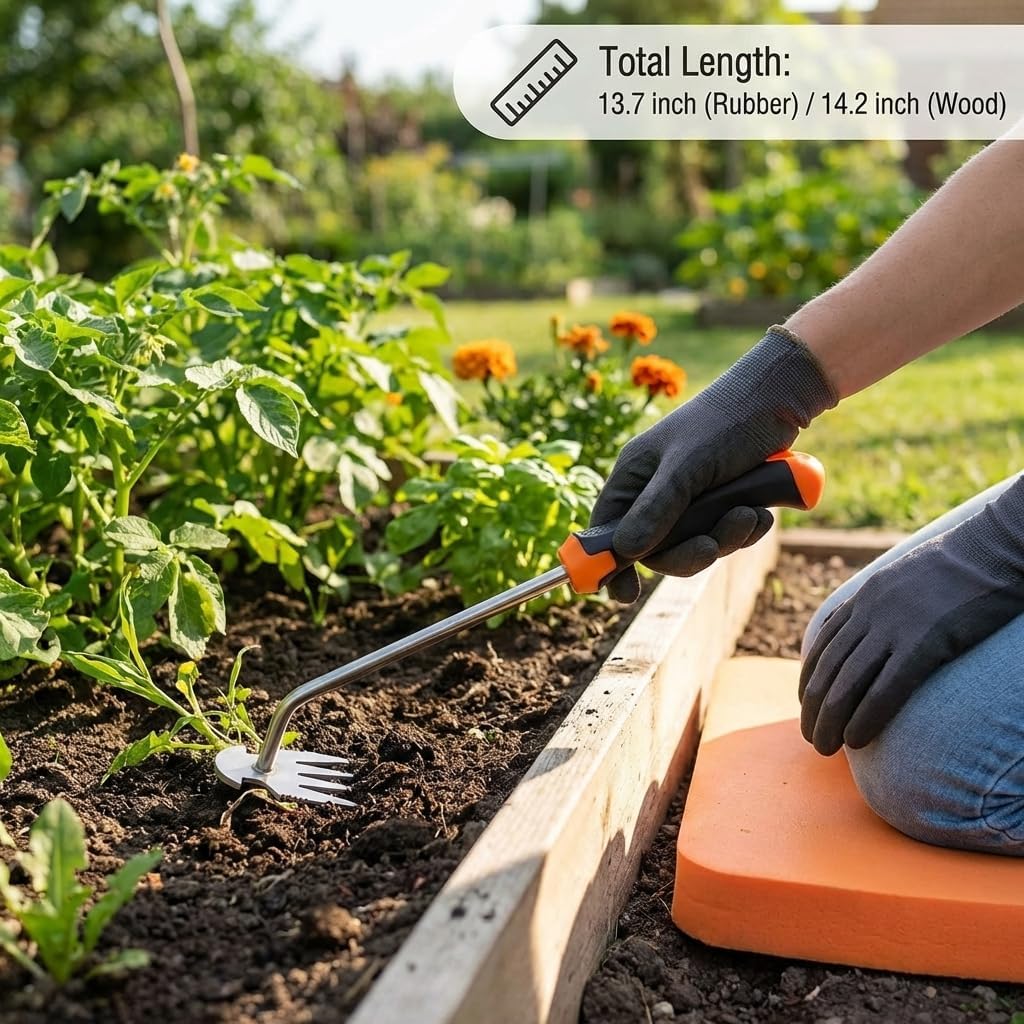 Weed Puller Tool, 4-Tooth Head and Gloves for Root Removal