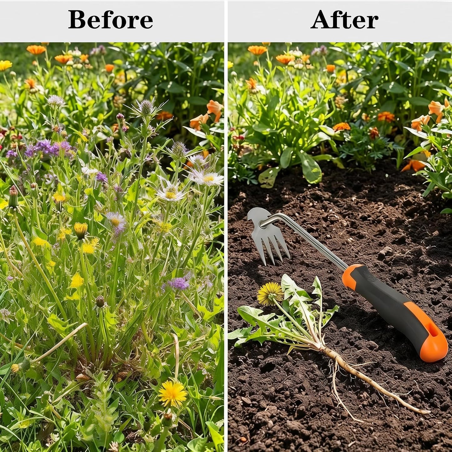 Weed Puller Tool, 4-Tooth Head and Gloves for Root Removal