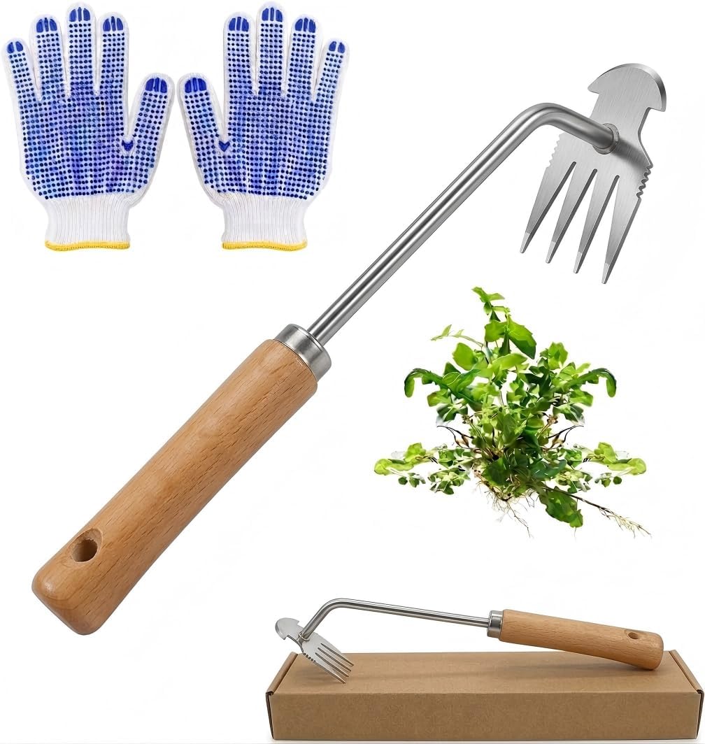 Weed Puller Tool, 4-Tooth Head and Gloves for Root Removal