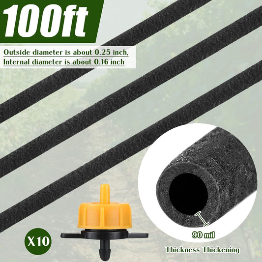 100 ft 1/4 in Soaker Hose Tubing for Drip Irrigation with 2gph Irrigation Emitters, Porous Drip Line for Watering Hydroponics Vegetable Garden Raised Beds, Planters, Flower