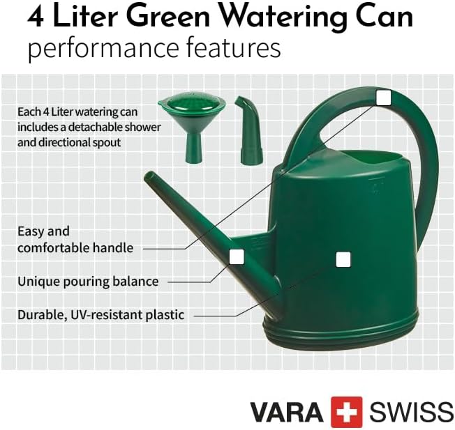 Durable Swiss Watering Can with UV Protection, Ergonomic Handle for Indoor/Outdoor Gardening, Made in Switzerland (4 Liter, Green)
