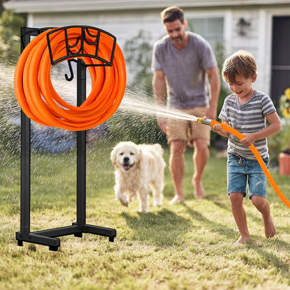 Garden Hose Holder, Heavy Duty Metal Water Hose Holder 160-Feet Capacity, Detachable Freestanding Hose Hanger with 2 Tool Hooks, Garden Hose Storage Rack, Black