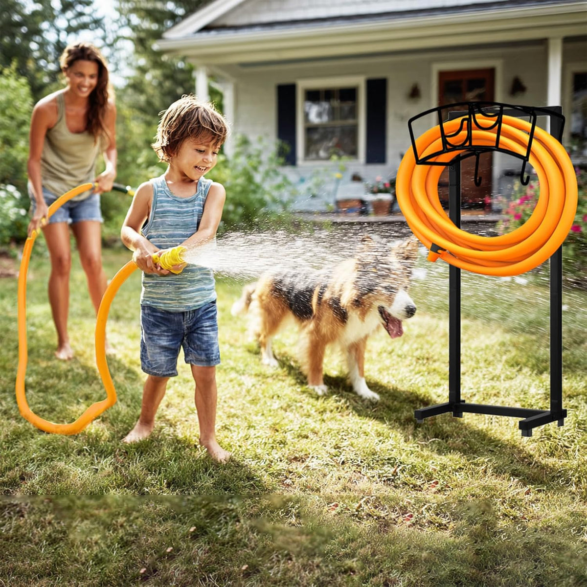 Garden Hose Holder, Heavy Duty Metal Water Hose Holder 160-Feet Capacity, Detachable Freestanding Hose Hanger with 2 Tool Hooks, Garden Hose Storage Rack, Black
