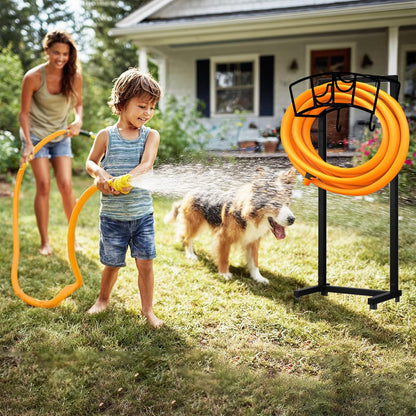 Garden Hose Holder, Heavy Duty Metal Water Hose Holder 160-Feet Capacity, Detachable Freestanding Hose Hanger with 2 Tool Hooks, Garden Hose Storage Rack, Black