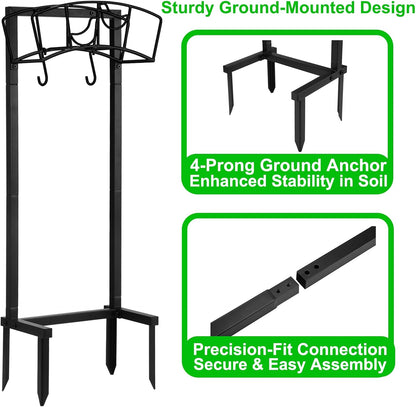 Garden Hose Holder, Heavy Duty Metal Water Hose Holder 160-Feet Capacity, Detachable Freestanding Hose Hanger with 2 Tool Hooks, Garden Hose Storage Rack, Black