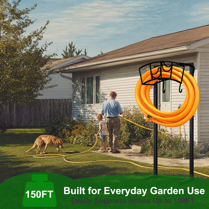 Garden Hose Holder, Heavy Duty Metal Water Hose Holder 160-Feet Capacity, Detachable Freestanding Hose Hanger with 2 Tool Hooks, Garden Hose Storage Rack, Black