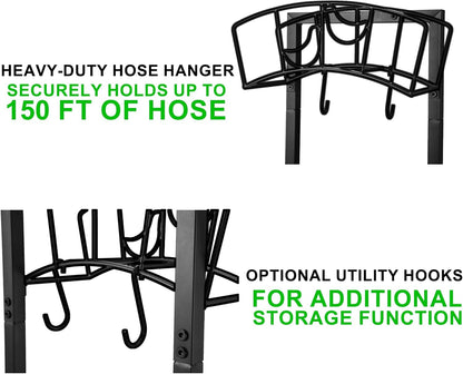 Garden Hose Holder, Heavy Duty Metal Water Hose Holder 160-Feet Capacity, Detachable Freestanding Hose Hanger with 2 Tool Hooks, Garden Hose Storage Rack, Black