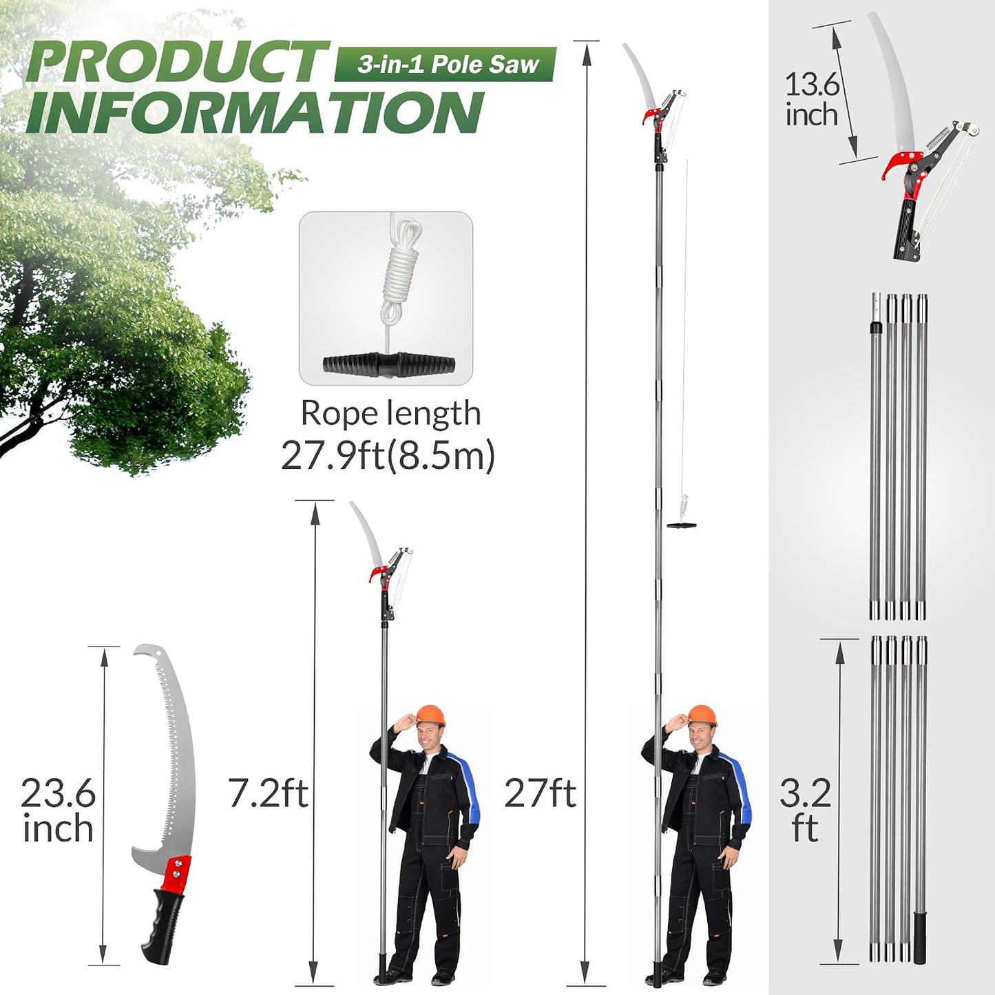 10FT Pole Saw for Tree Trimming 2-in-1 Hand Saw Steel Blade Tree Pruner