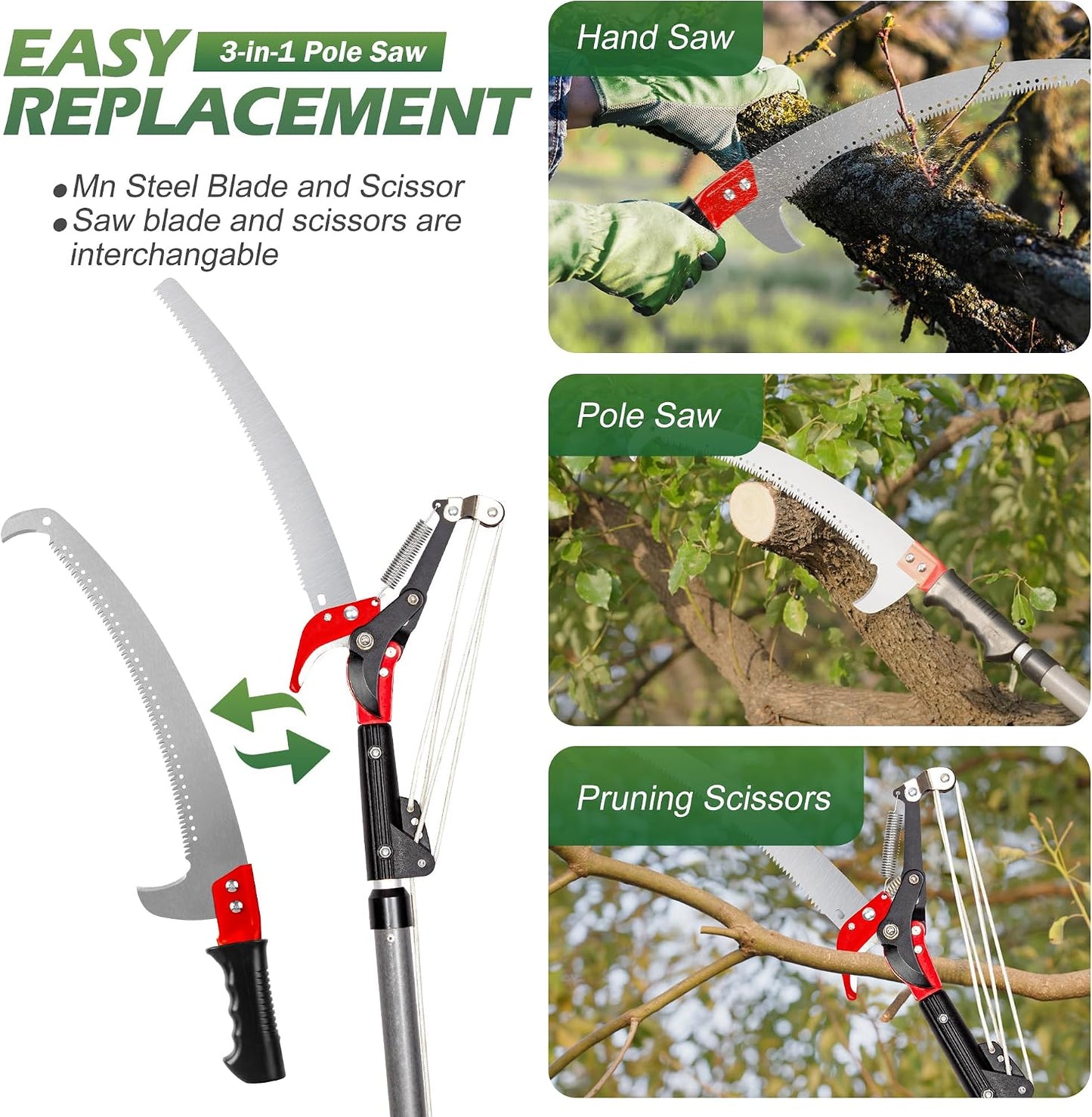 10FT Pole Saw for Tree Trimming 2-in-1 Hand Saw Steel Blade Tree Pruner