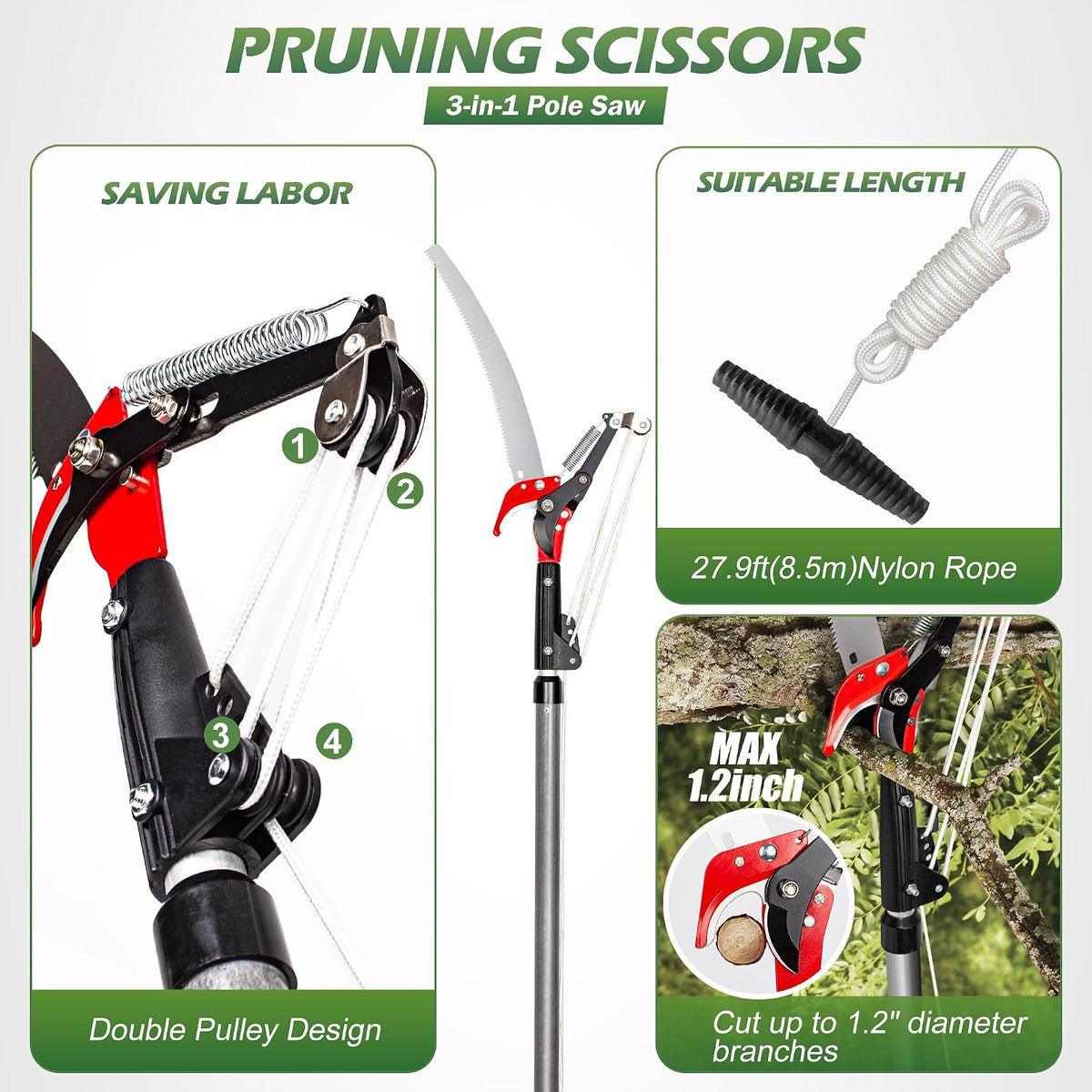 10FT Pole Saw for Tree Trimming 2-in-1 Hand Saw Steel Blade Tree Pruner