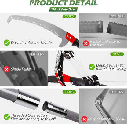 10FT Pole Saw for Tree Trimming 2-in-1 Hand Saw Steel Blade Tree Pruner