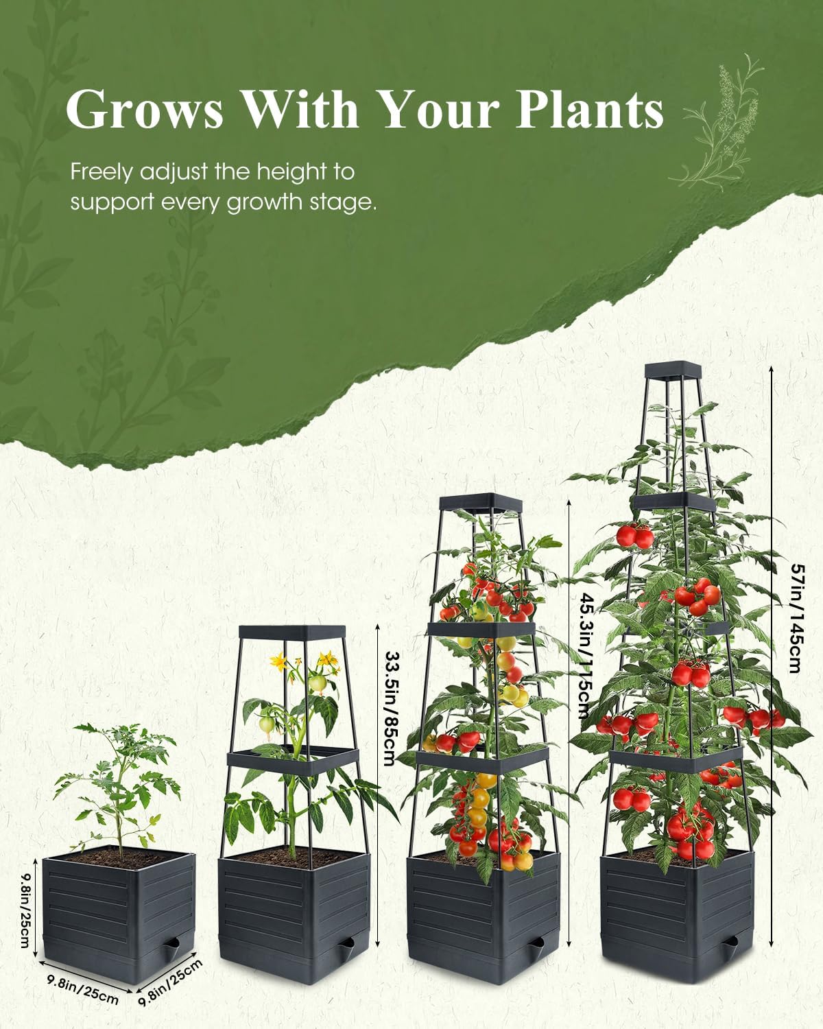 2-Pack Tomato Planter with Trellis, 57" Self-Watering Raised Garden Bed Planter Box, Tomato Cages for Indoor & Outdoor Climbing Plants, Vines, Vegetables, and Flowers (57x9.8x9.8IN)