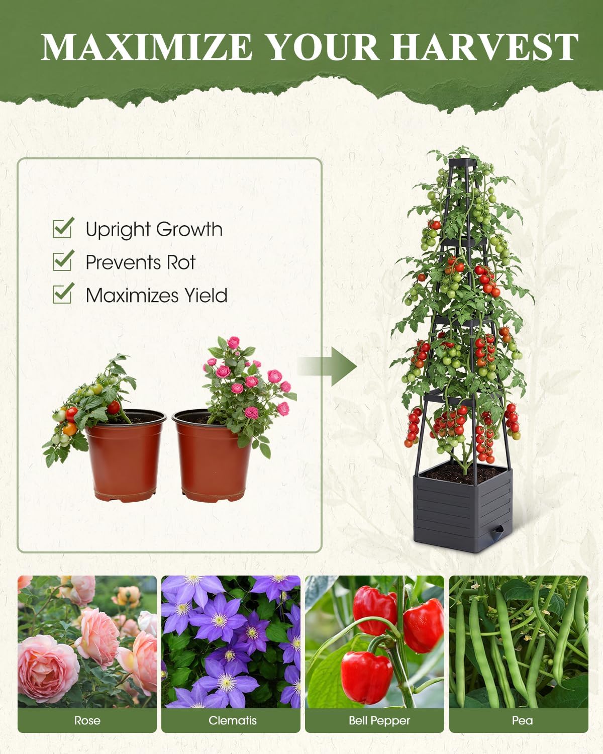 2-Pack Tomato Planter with Trellis, 57" Self-Watering Raised Garden Bed Planter Box, Tomato Cages for Indoor & Outdoor Climbing Plants, Vines, Vegetables, and Flowers (57x9.8x9.8IN)