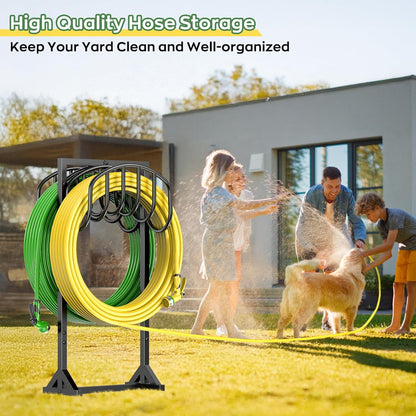 Garden Water Hose Holder Holds 2 * 150Ft Hoses, Heavy-Duty Metal Freestanding Hose Holder with 4 Spikes, Rustproof Garden Hose Reels Hose Hanger Storage for Outside, Yard, Lawn, Farm, Black