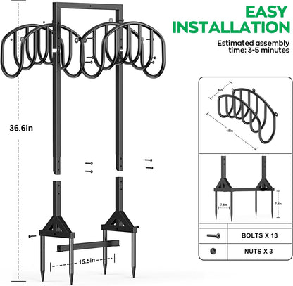 Garden Water Hose Holder Holds 2 * 150Ft Hoses, Heavy-Duty Metal Freestanding Hose Holder with 4 Spikes, Rustproof Garden Hose Reels Hose Hanger Storage for Outside, Yard, Lawn, Farm, Black