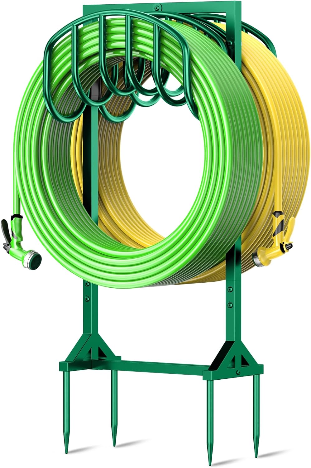 Garden Water Hose Holder Holds 2 * 150Ft Hoses, Heavy-Duty Metal Freestanding Hose Holder with 4 Spikes, Rustproof Garden Hose Reels Hose Hanger Storage for Outside, Yard, Lawn, Farm, Black