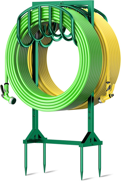 Garden Water Hose Holder Holds 2 * 150Ft Hoses, Heavy-Duty Metal Freestanding Hose Holder with 4 Spikes, Rustproof Garden Hose Reels Hose Hanger Storage for Outside, Yard, Lawn, Farm, Black
