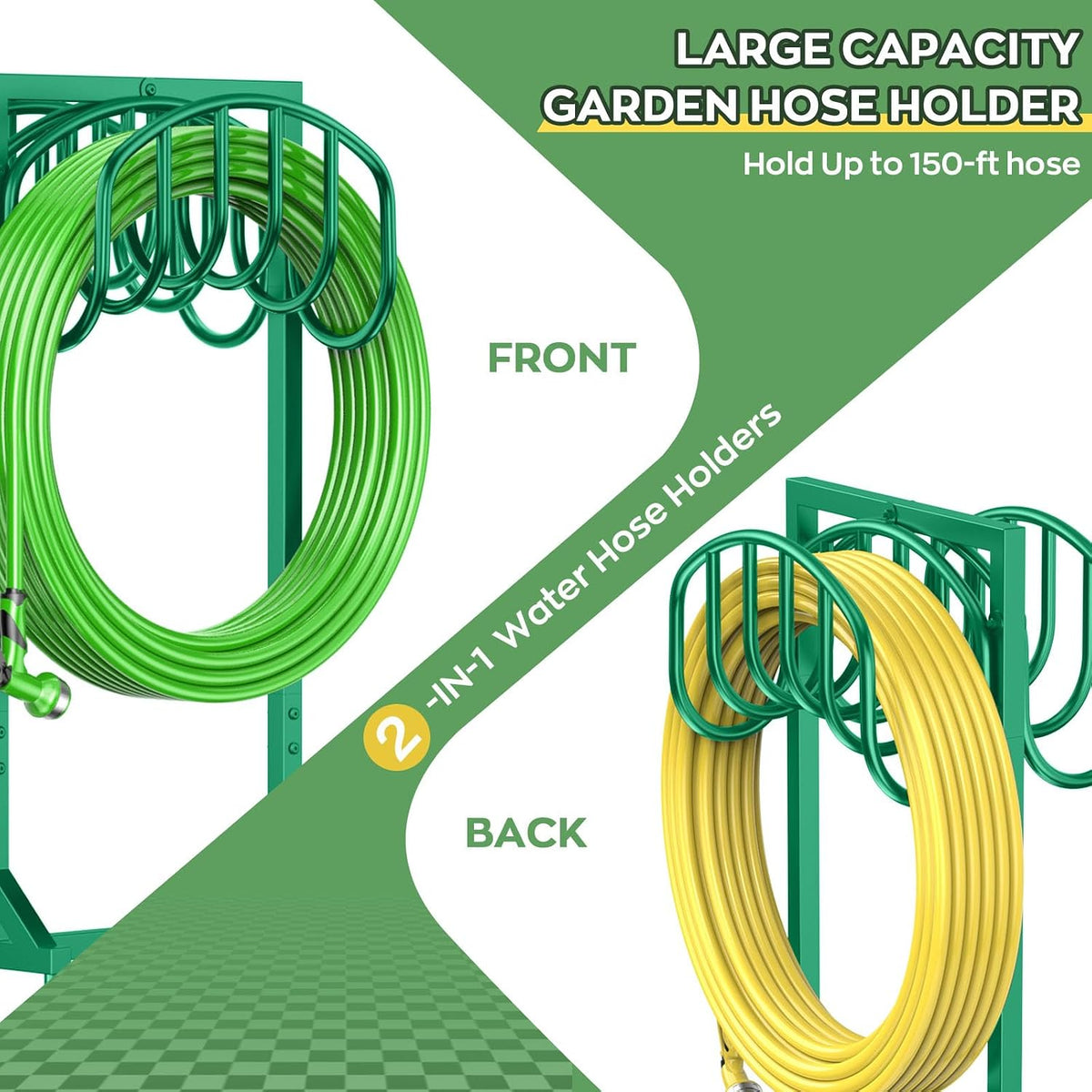 Garden Water Hose Holder Holds 2 * 150Ft Hoses, Heavy-Duty Metal Freestanding Hose Holder with 4 Spikes, Rustproof Garden Hose Reels Hose Hanger Storage for Outside, Yard, Lawn, Farm, Black