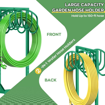 Garden Water Hose Holder Holds 2 * 150Ft Hoses, Heavy-Duty Metal Freestanding Hose Holder with 4 Spikes, Rustproof Garden Hose Reels Hose Hanger Storage for Outside, Yard, Lawn, Farm, Black