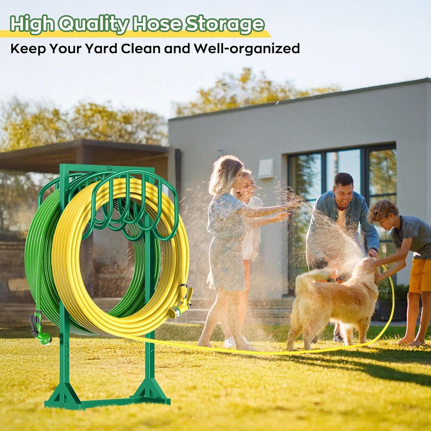 Garden Water Hose Holder Holds 2 * 150Ft Hoses, Heavy-Duty Metal Freestanding Hose Holder with 4 Spikes, Rustproof Garden Hose Reels Hose Hanger Storage for Outside, Yard, Lawn, Farm, Black