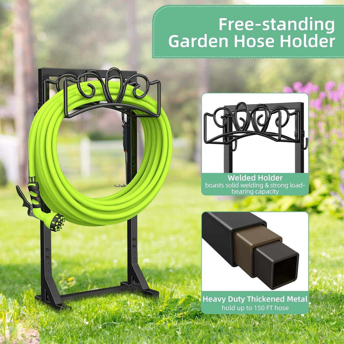 Garden Hose Holder Reel, Upgraded Metal Hose Reels Holds 150ft Hose | Heavy Duty Freestanding Water Hose Holders, Detachable Hose Storage Hanger for Outside - Flower Vine