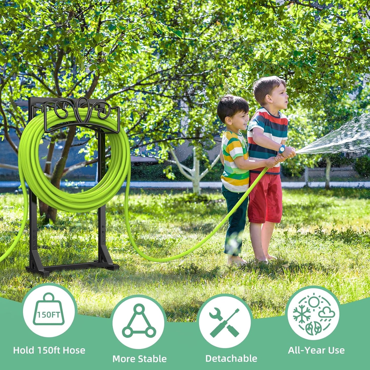Garden Hose Holder Reel, Upgraded Metal Hose Reels Holds 150ft Hose | Heavy Duty Freestanding Water Hose Holders, Detachable Hose Storage Hanger for Outside - Flower Vine