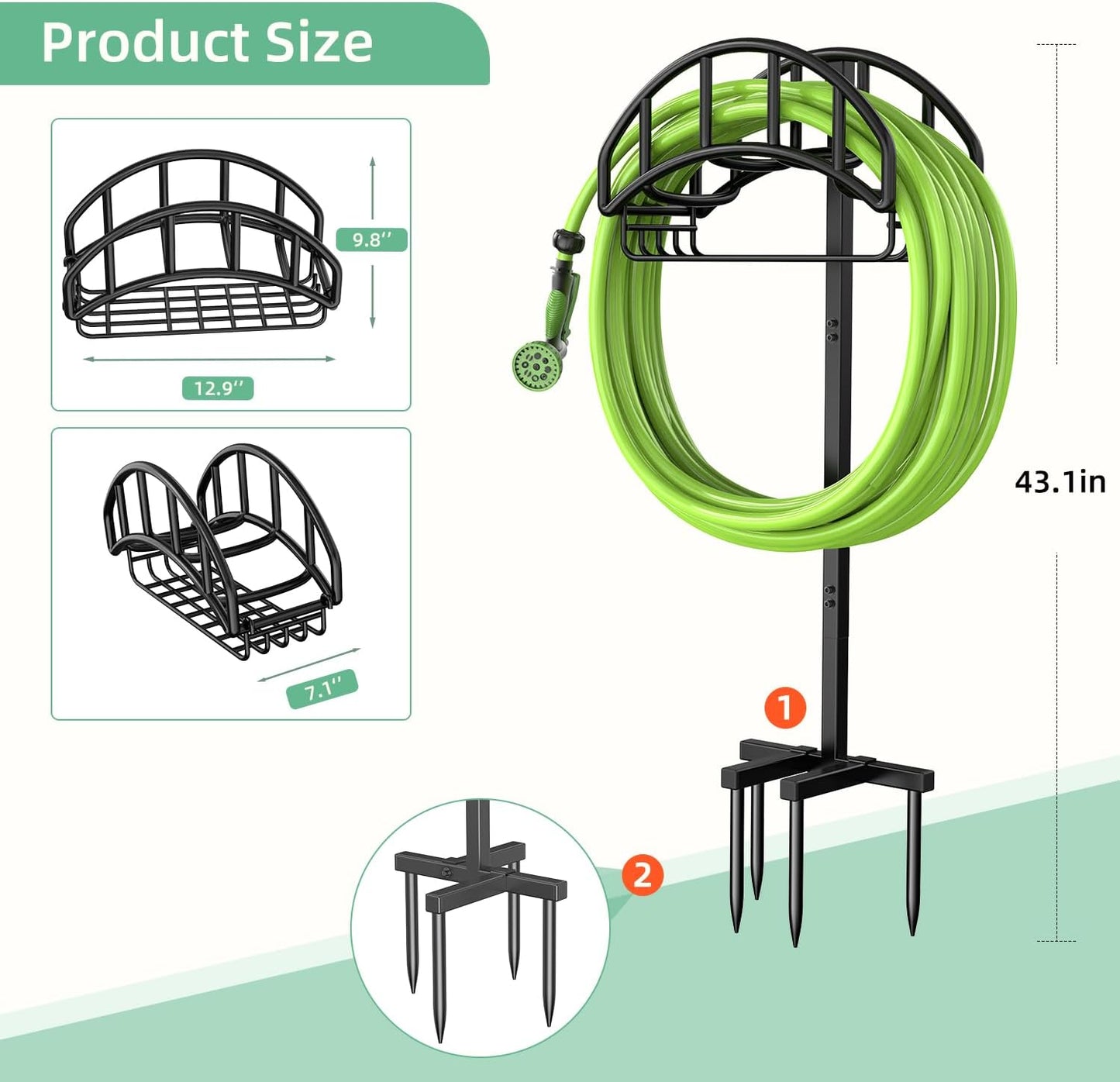 Garden Hose Holder Reel, Upgraded Metal Hose Reels Holds 150ft Hose | Heavy Duty Freestanding Water Hose Holders, Detachable Hose Storage Hanger for Outside - Flower Vine