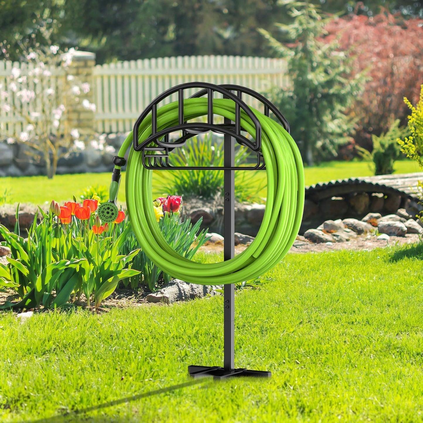 Garden Hose Holder Reel, Upgraded Metal Hose Reels Holds 150ft Hose | Heavy Duty Freestanding Water Hose Holders, Detachable Hose Storage Hanger for Outside - Flower Vine
