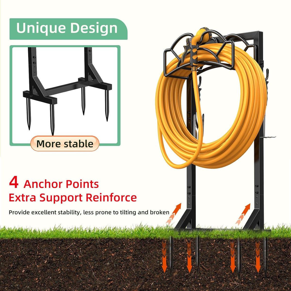 Garden Hose Holder Reel, Upgraded Metal Hose Reels Holds 150ft Hose | Heavy Duty Freestanding Water Hose Holders, Detachable Hose Storage Hanger for Outside - Flower Vine