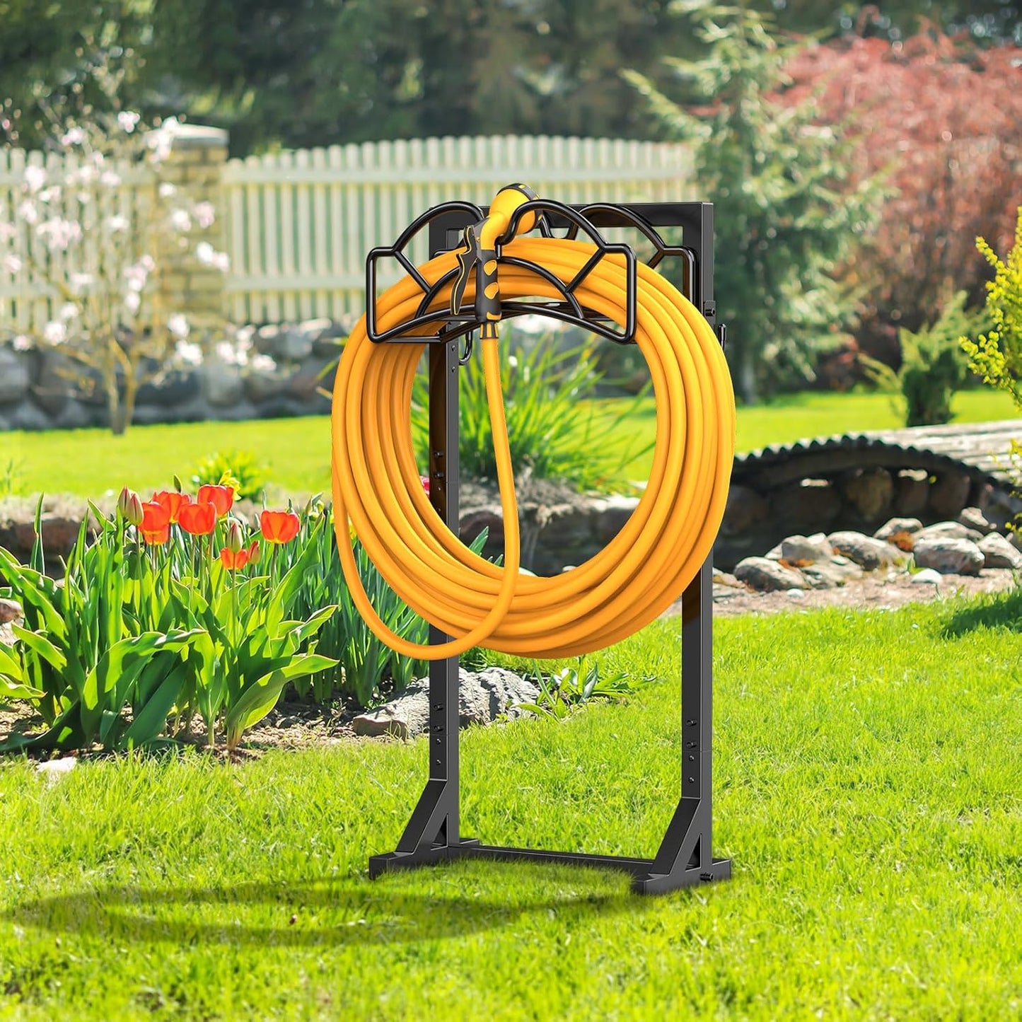 Garden Hose Holder Reel, Upgraded Metal Hose Reels Holds 150ft Hose | Heavy Duty Freestanding Water Hose Holders, Detachable Hose Storage Hanger for Outside - Flower Vine