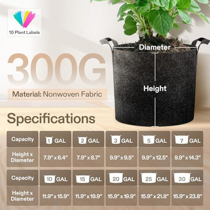 5-Pack 10 Gallon Plant Grow Bags Fabric Pots with Handles