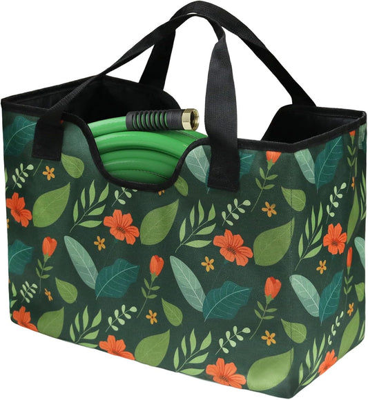Garden Hose Storage Bag, 50-100FT Portable Expandable Hose Holder for RV, Camping & Car Washing, Waterproof Double-Layer Oxford Cloth Hose Bag for Yard, Camper & Outdoor Use (Green Flower)