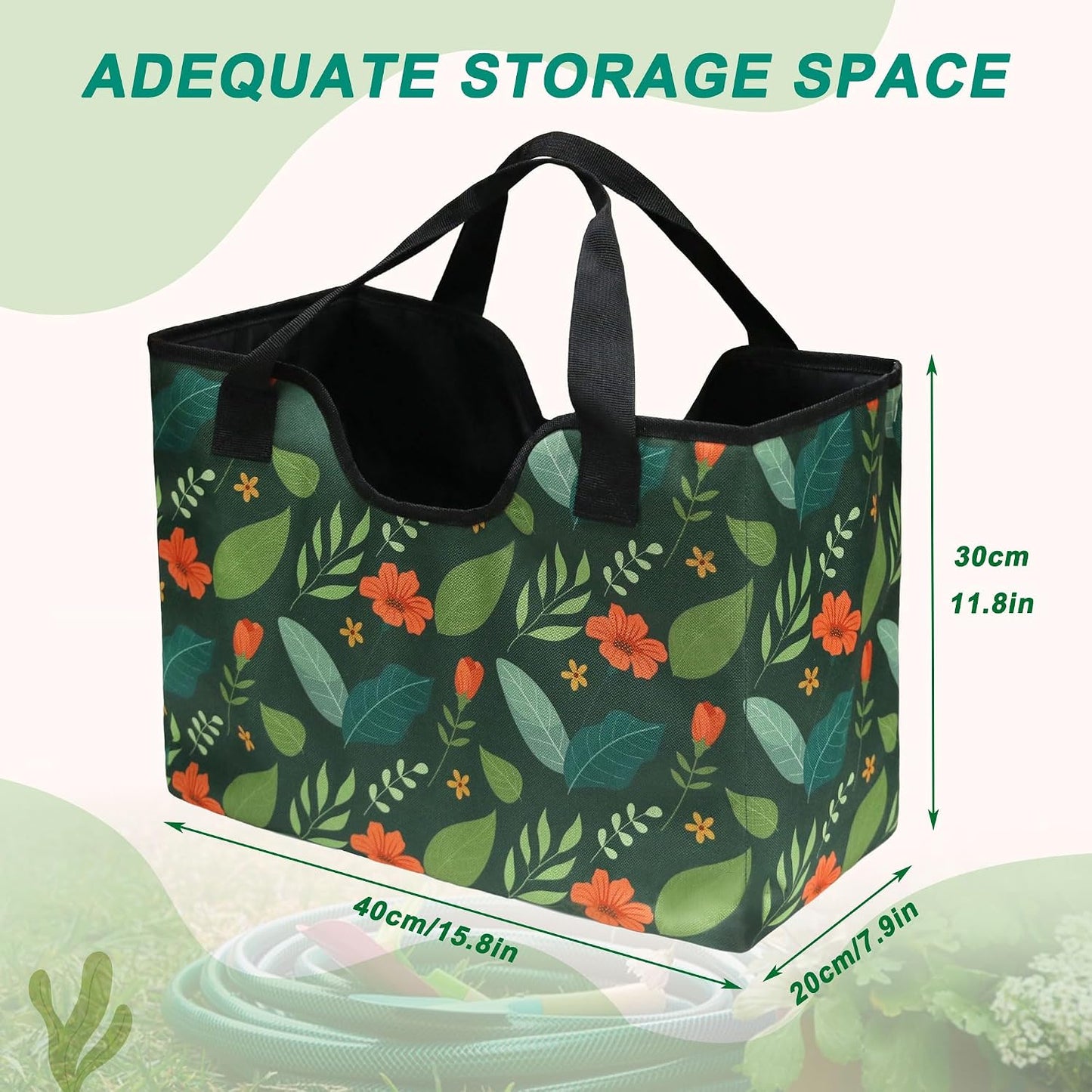Garden Hose Storage Bag, 50-100FT Portable Expandable Hose Holder for RV, Camping & Car Washing, Waterproof Double-Layer Oxford Cloth Hose Bag for Yard, Camper & Outdoor Use (Green Flower)